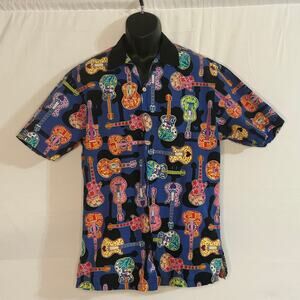 Men’s Guitar Print Button Up Shirt Size Large Short Sleeve Tailored Orlando FL